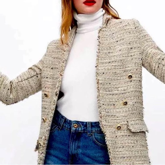 ZARA Tweed Open Blazer Jacket Tan Cream Sz Small - Picture 2 of 16
